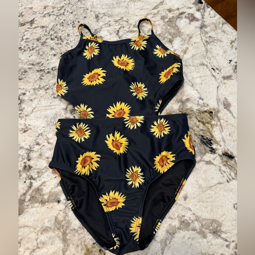 Sunflower Print Black Swimsuit